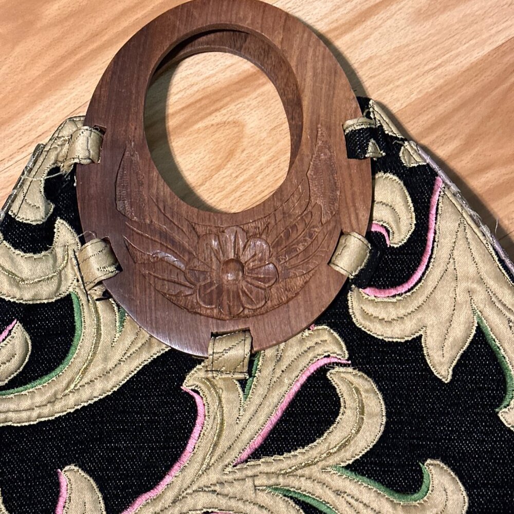 ZARA Crossbody Handbag Boho Wooden Handles Embroidered Fabric Black Tan Purses - Picture 6 of 14